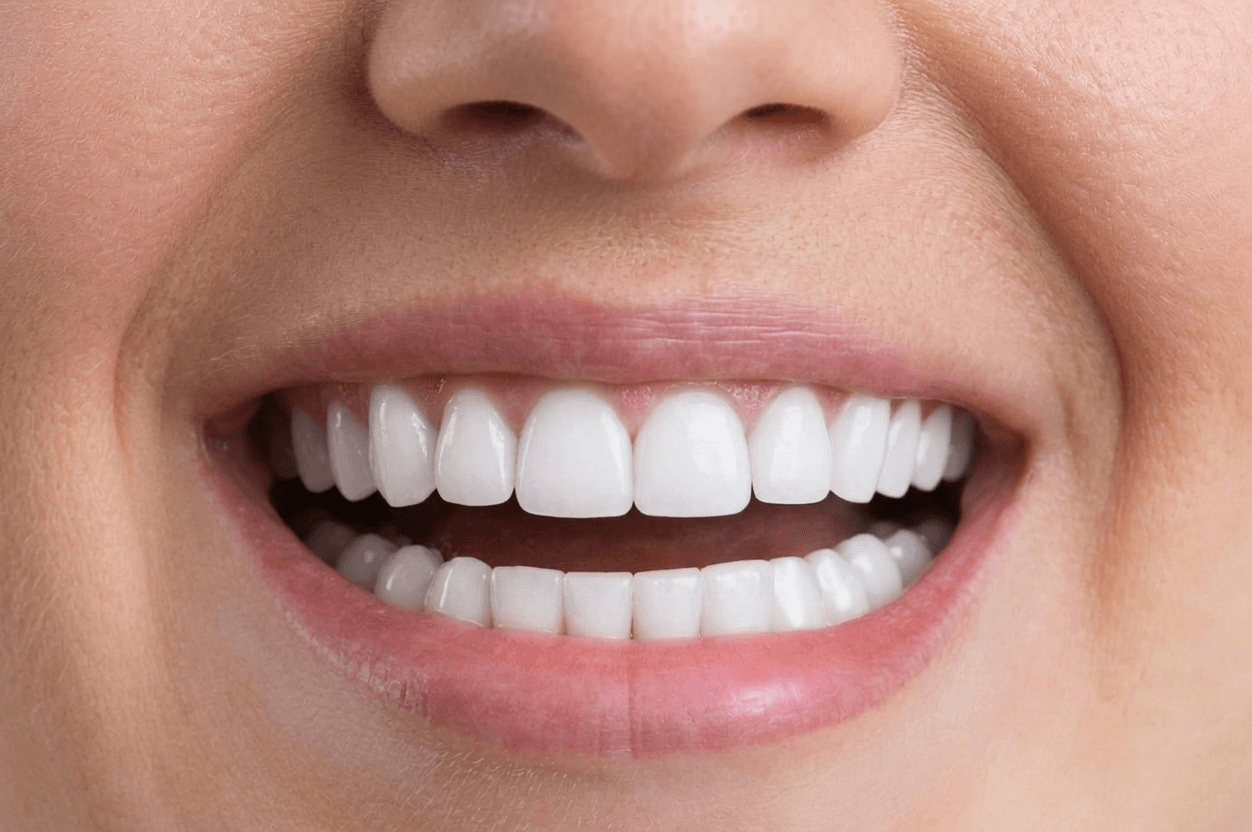 After: close-up of the same smile, now bright and straight